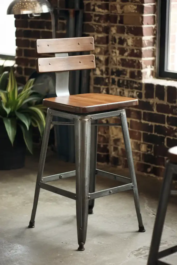 Industrial Style Bar Stool: Design an industrial-themed 36-inch bar stool with a combination of wood and metal elements, showcasing a distressed finish, situated in an urban loft setting.