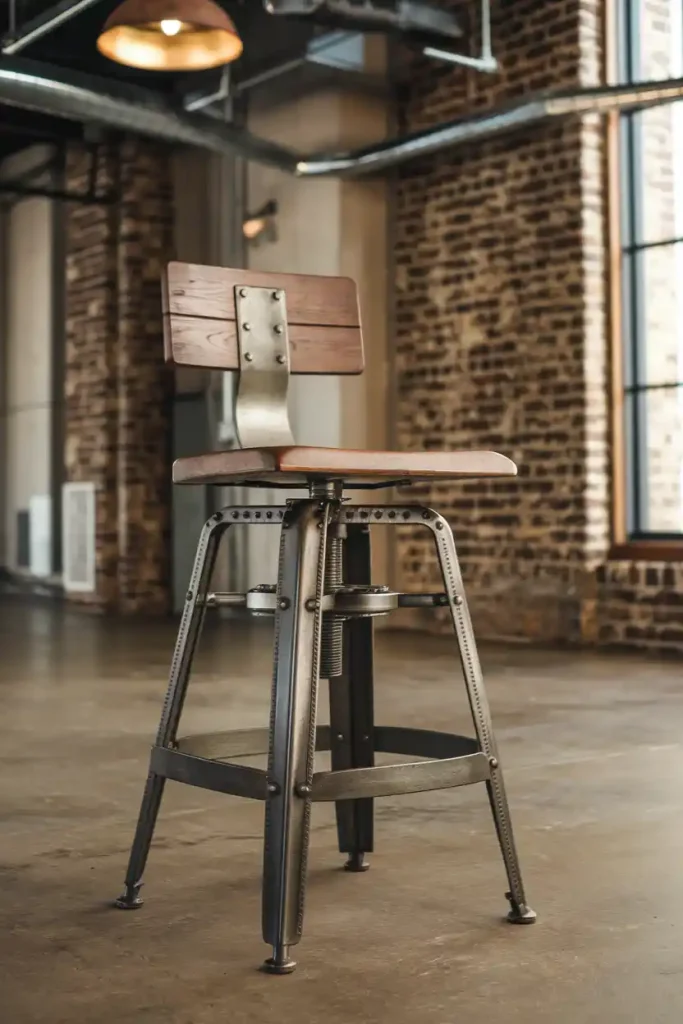 Industrial Style Bar Stool: Design an industrial-themed 36-inch bar stool with a combination of wood and metal elements, showcasing a distressed finish, situated in an urban loft setting.