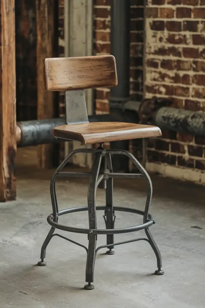 Industrial Style Bar Stool: Design an industrial-themed 36-inch bar stool with a combination of wood and metal elements, showcasing a distressed finish, situated in an urban loft setting.