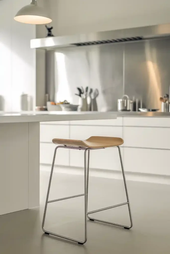 Modern Minimalist Stool: Create an image of a sleek, minimalist kitchen stool with a metal frame and a wooden seat, set against a bright, airy kitchen backdrop.