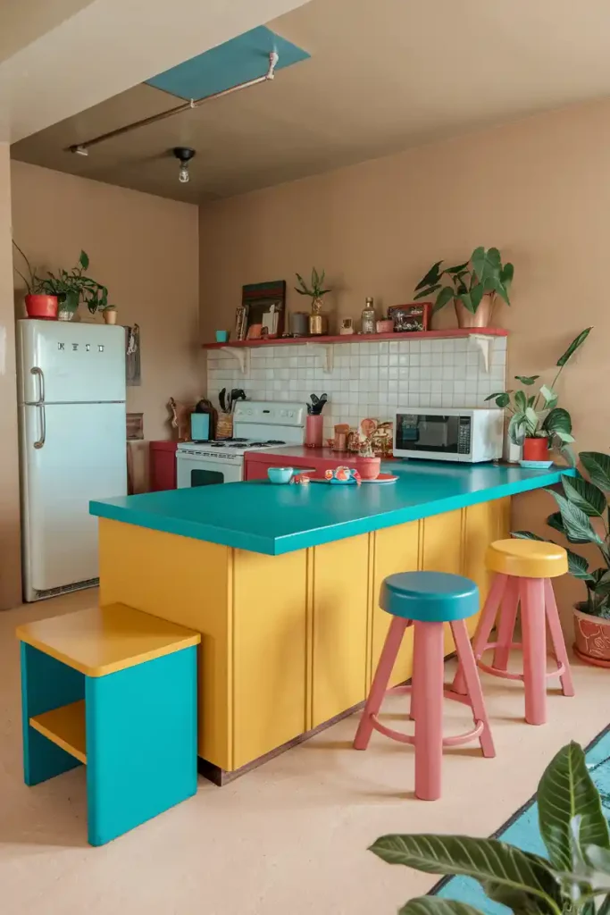 a vibrant kitchen space with a retro flair, highlighting a bright-colored kitchen island and matching stools in bold hues like teal or mustard yellow.