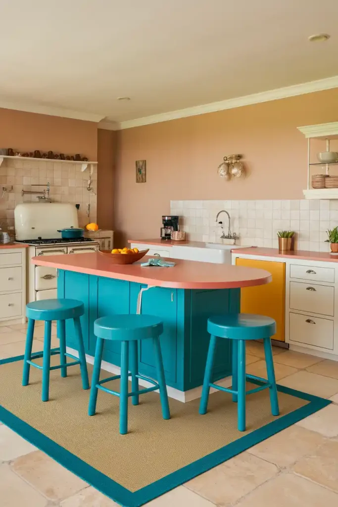 a vibrant kitchen space with a retro flair, highlighting a bright-colored kitchen island and matching stools in bold hues like teal or mustard yellow.