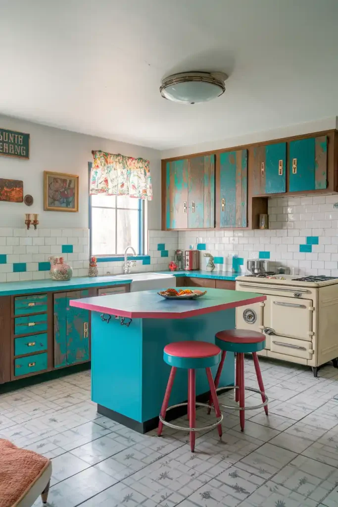 a vibrant kitchen space with a retro flair, highlighting a bright-colored kitchen island and matching stools in bold hues like teal or mustard yellow.