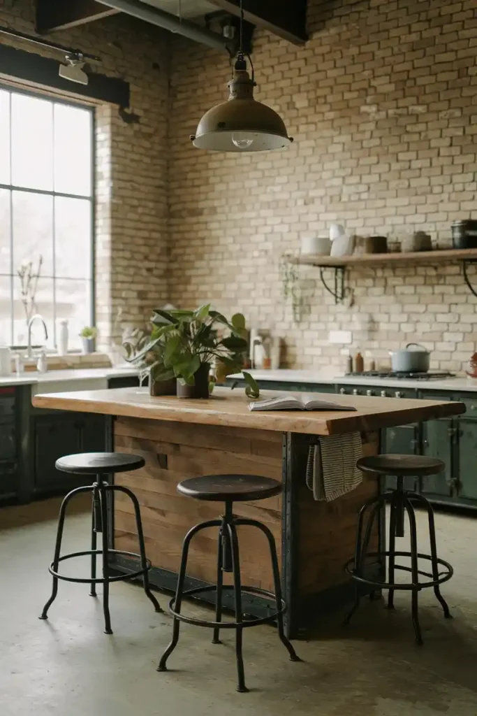 Industrial Style Swivel Stools: A chic industrial-style kitchen island with metal and wood swivel back stools, showcasing exposed brick walls and vintage lighting for an edgy aesthetic.