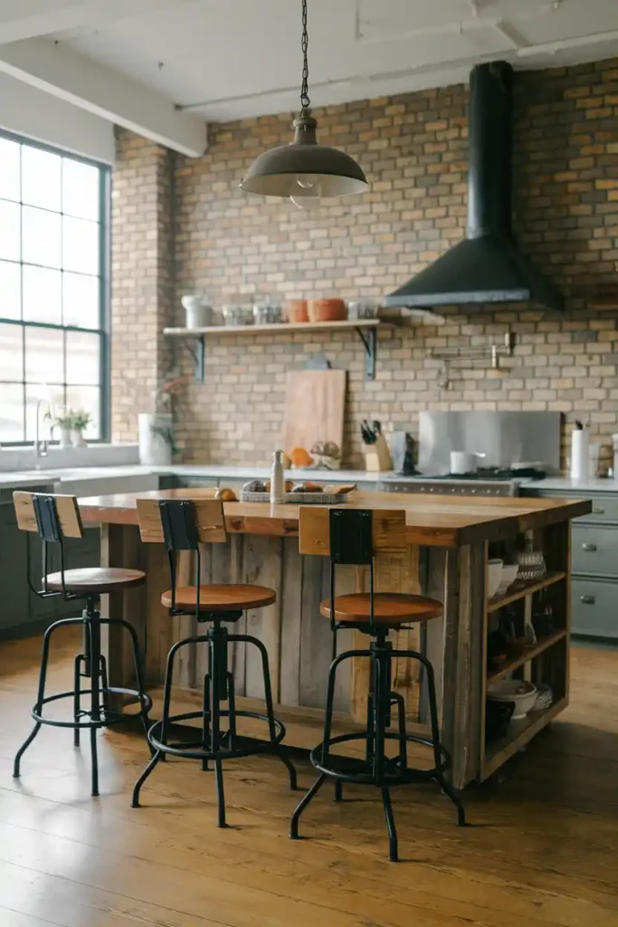 Industrial Style Swivel Stools: A chic industrial-style kitchen island with metal and wood swivel back stools, showcasing exposed brick walls and vintage lighting for an edgy aesthetic.