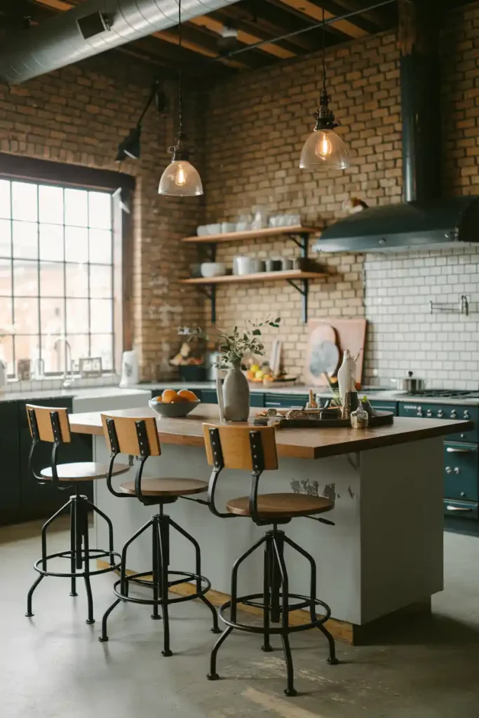 Industrial Style Swivel Stools: A chic industrial-style kitchen island with metal and wood swivel back stools, showcasing exposed brick walls and vintage lighting for an edgy aesthetic.