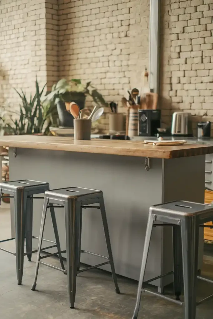 Industrial Style Bar Stools: An industrial-themed kitchen featuring a grey island and metal bar stools, highlighting raw materials and modern design.