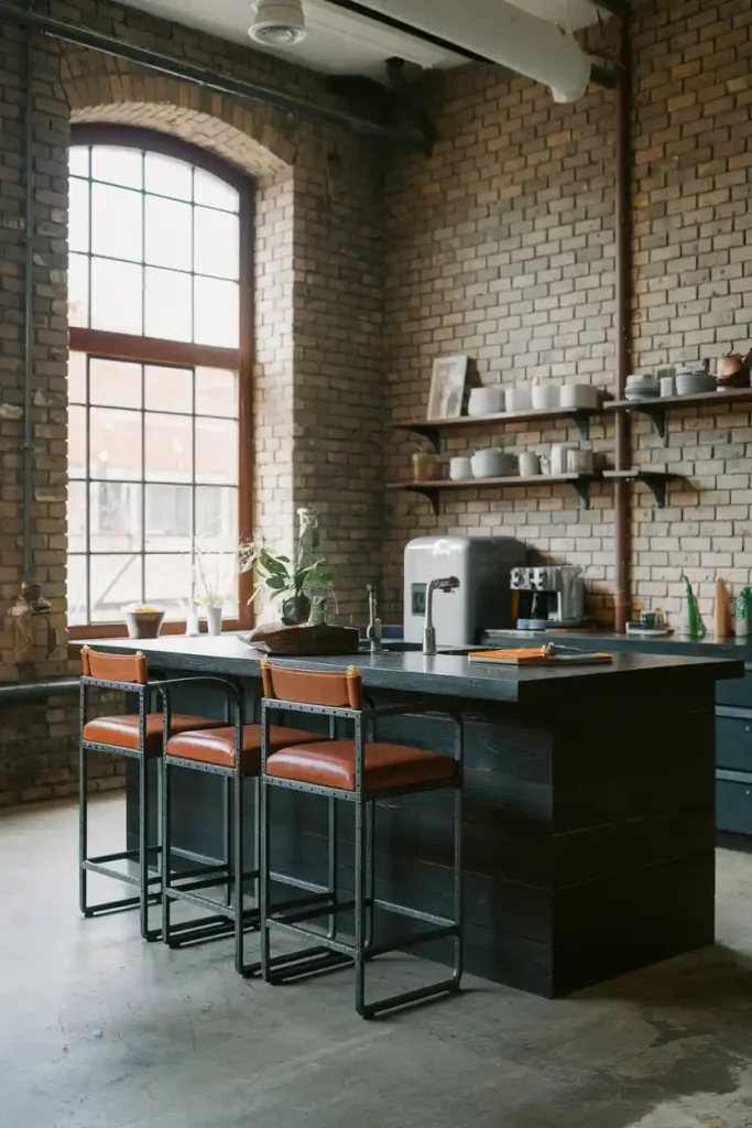 a contemporary kitchen with an industrial theme, showcasing a dark wooden island paired with metal-frame stools that have leather seats, set against exposed brick walls.