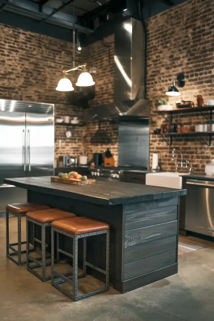 a contemporary kitchen with an industrial theme, showcasing a dark wooden island paired with metal-frame stools that have leather seats, set against exposed brick walls.