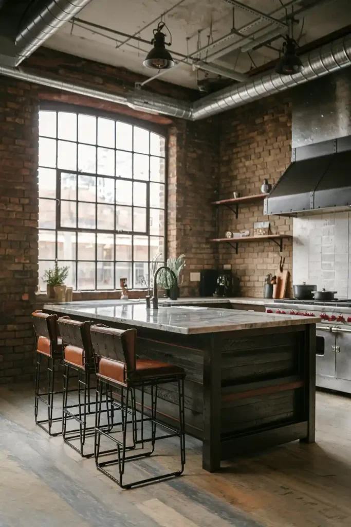 a contemporary kitchen with an industrial theme, showcasing a dark wooden island paired with metal-frame stools that have leather seats, set against exposed brick walls.