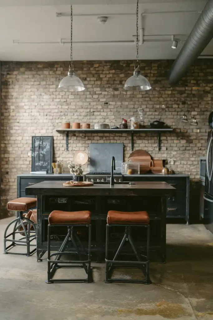 a contemporary kitchen with an industrial theme, showcasing a dark wooden island paired with metal-frame stools that have leather seats, set against exposed brick walls.