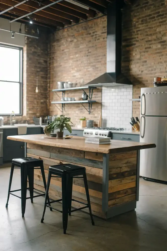 An industrial-chic kitchen showcasing a reclaimed wood island paired with metal tractor seat stools in a matte black finish.