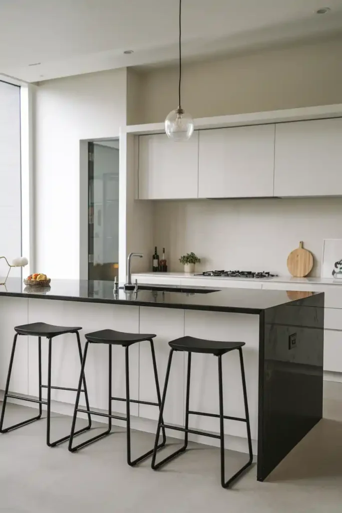 a minimalist Scandinavian-style kitchen island featuring light wood accents and a set of sleek, white bar stools with natural wood legs.