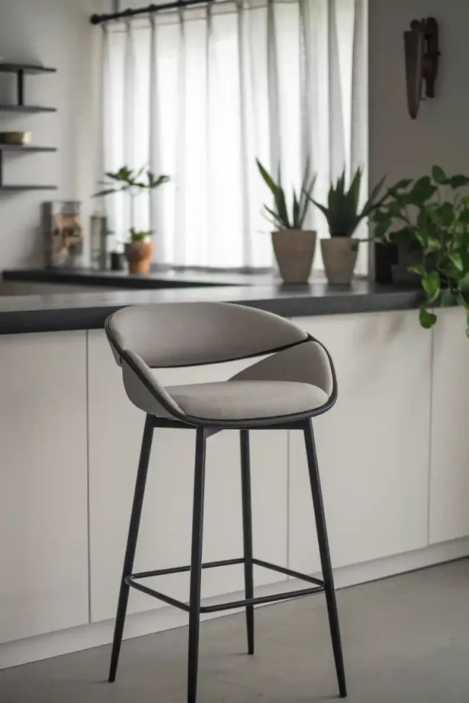 Modern Minimalist Bar Stool: Create an image of a sleek, modern 36-inch bar stool with a black metal frame and a cushioned seat in a light gray fabric, set against a contemporary home bar backdrop.