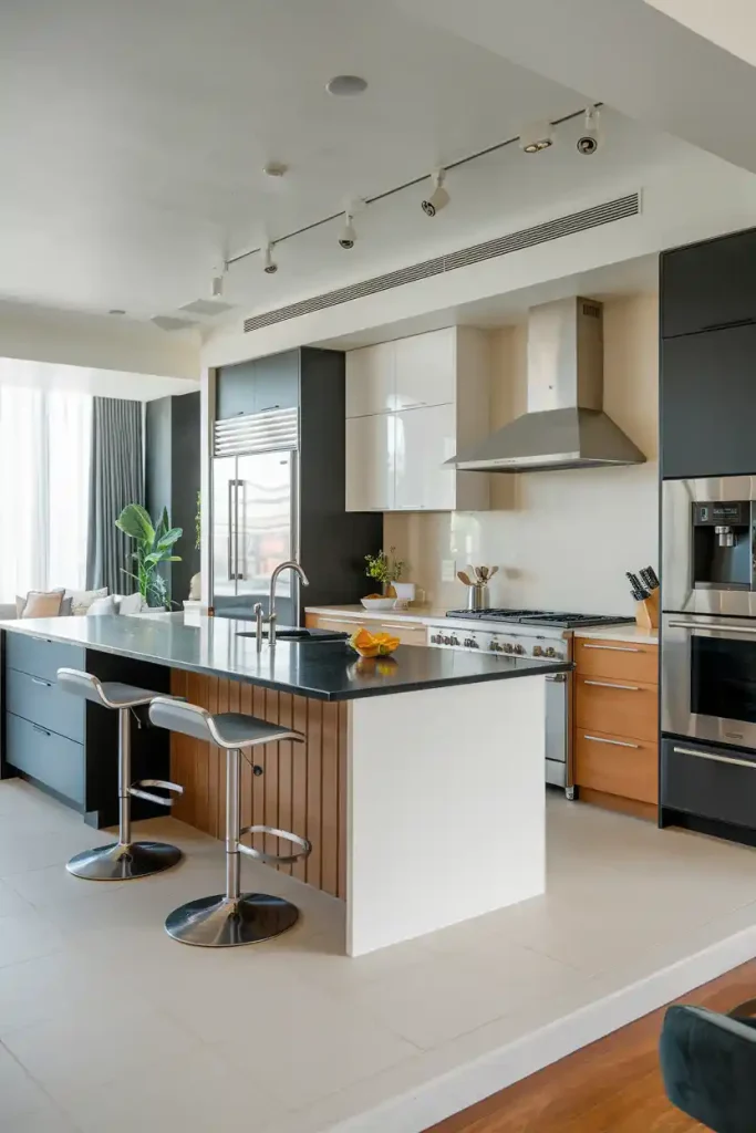 A sleek, modern kitchen island with adjustable-height swivel stools, showcasing their versatility in a bright, open-concept space