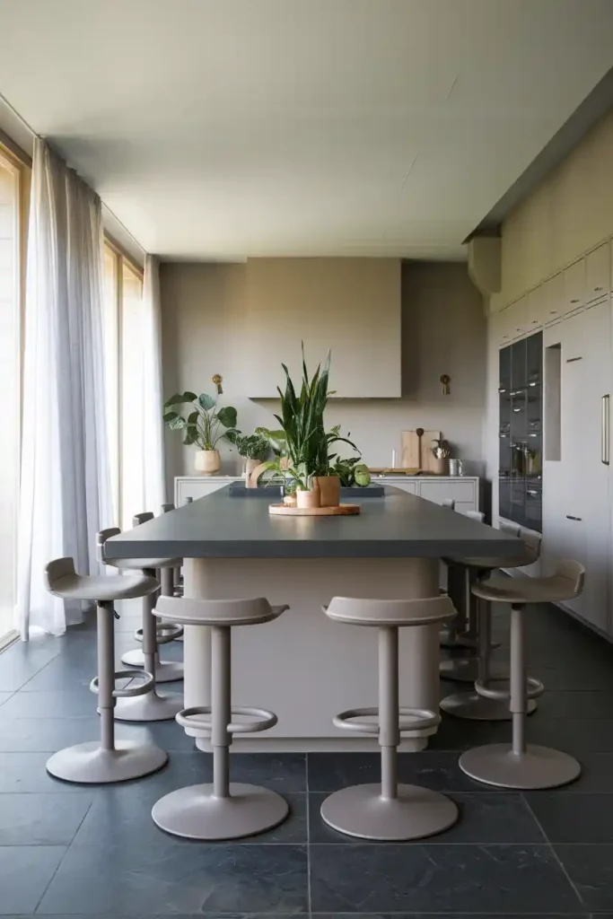 A sleek, modern kitchen island with adjustable-height swivel stools, showcasing their versatility in a bright, open-concept space