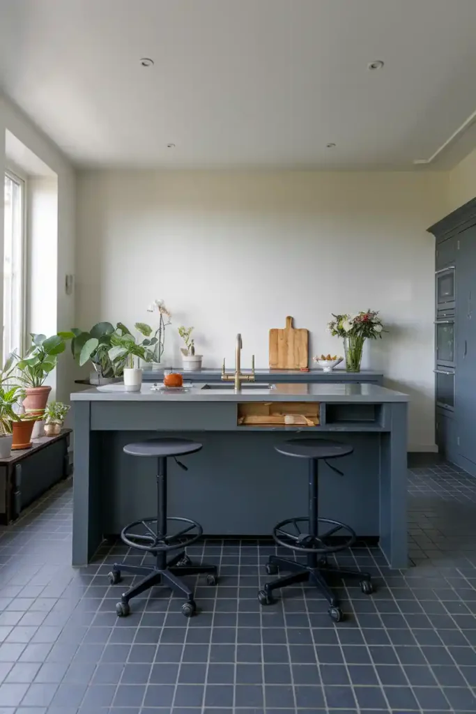 A sleek, modern kitchen island with adjustable-height swivel stools, showcasing their versatility in a bright, open-concept space