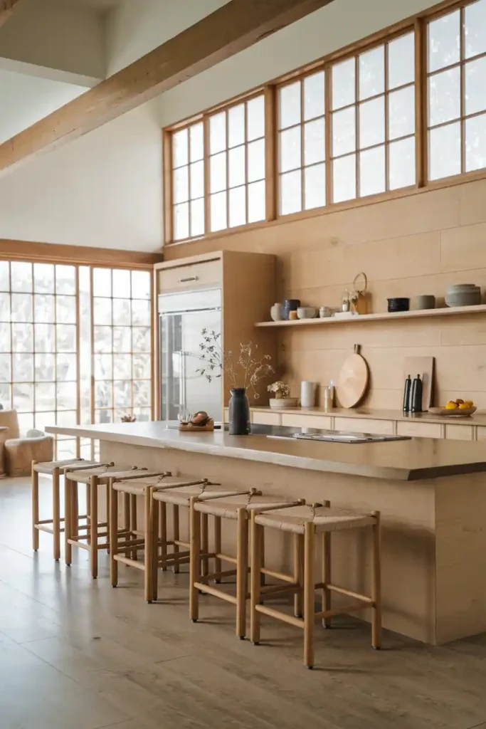 Functional Elegance: An open-concept kitchen featuring a large island with multiple Japandi stools. The design should include a mix of textures, such as woven fabrics and smooth finishes, with natural light streaming in through large windows to create an airy feel.