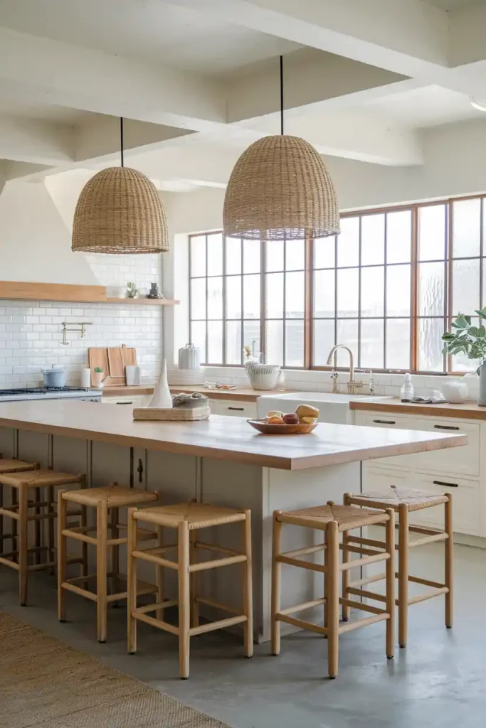 Functional Elegance: An open-concept kitchen featuring a large island with multiple Japandi stools. The design should include a mix of textures, such as woven fabrics and smooth finishes, with natural light streaming in through large windows to create an airy feel.