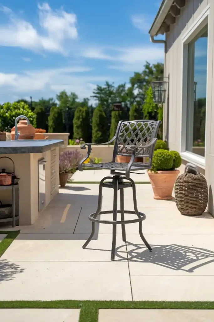 a sturdy outdoor bar stool set on a stylish patio with a kitchen island nearby. Include garden elements and sunny weather, emphasizing the durability and outdoor leisure.