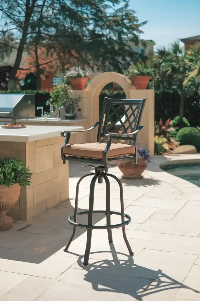 a sturdy outdoor bar stool set on a stylish patio with a kitchen island nearby. Include garden elements and sunny weather, emphasizing the durability and outdoor leisure.