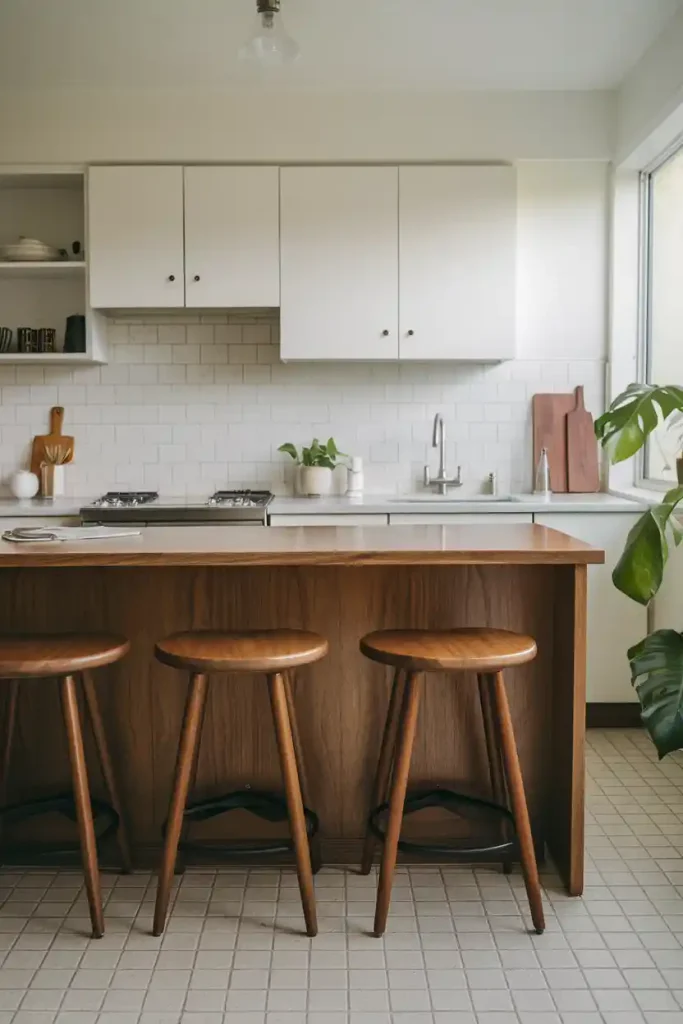 A mid-century modern kitchen space with a walnut island and retro-inspired stools with curved wooden seats and tapered legs.