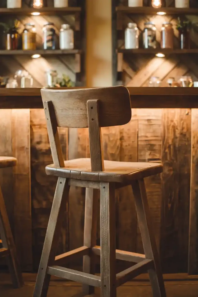 Rustic Farmhouse Bar Stool: Depict a rustic farmhouse-style bar stool crafted from reclaimed wood, surrounded by a warm and inviting home bar atmosphere featuring farmhouse decor elements like mason jars and wooden shelves.