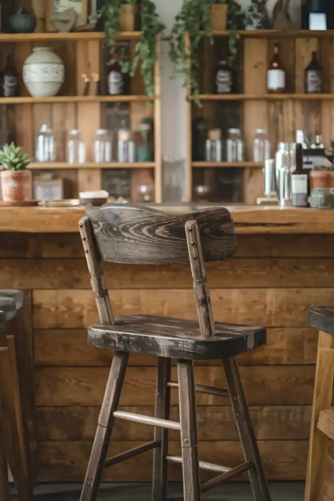 Rustic Farmhouse Bar Stool: Depict a rustic farmhouse-style bar stool crafted from reclaimed wood, surrounded by a warm and inviting home bar atmosphere featuring farmhouse decor elements like mason jars and wooden shelves.