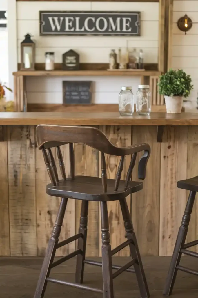 Rustic Farmhouse Bar Stool: Depict a rustic farmhouse-style bar stool crafted from reclaimed wood, surrounded by a warm and inviting home bar atmosphere featuring farmhouse decor elements like mason jars and wooden shelves.