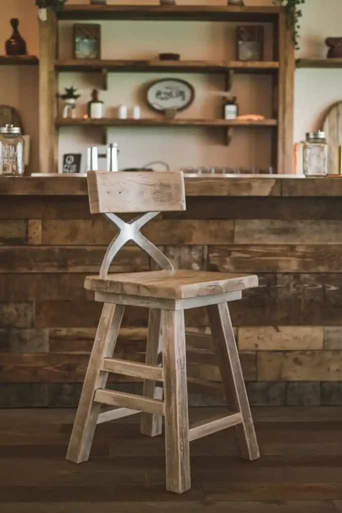 Rustic Farmhouse Bar Stool: Depict a rustic farmhouse-style bar stool crafted from reclaimed wood, surrounded by a warm and inviting home bar atmosphere featuring farmhouse decor elements like mason jars and wooden shelves.