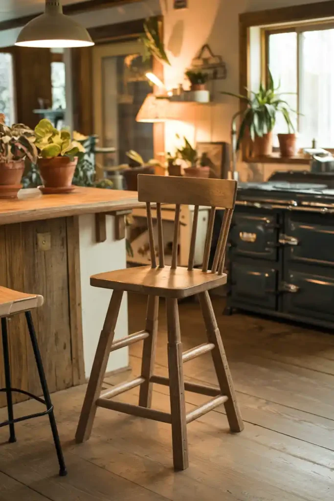 Rustic Wooden Bar Stool: Illustrate a rustic-style 36-inch bar stool made from reclaimed wood, featuring a natural finish and sturdy legs, placed in a cozy kitchen with warm lighting.