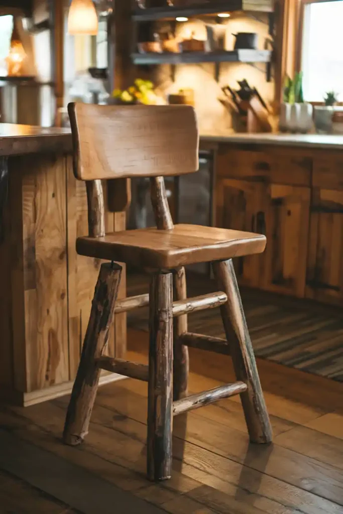 Rustic Wooden Bar Stool: Illustrate a rustic-style 36-inch bar stool made from reclaimed wood, featuring a natural finish and sturdy legs, placed in a cozy kitchen with warm lighting.