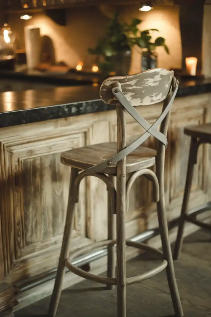 Rustic Charm: Illustrate a rustic wooden bar stool with a distressed finish, positioned against a dark granite countertop, surrounded by warm, ambient lighting.