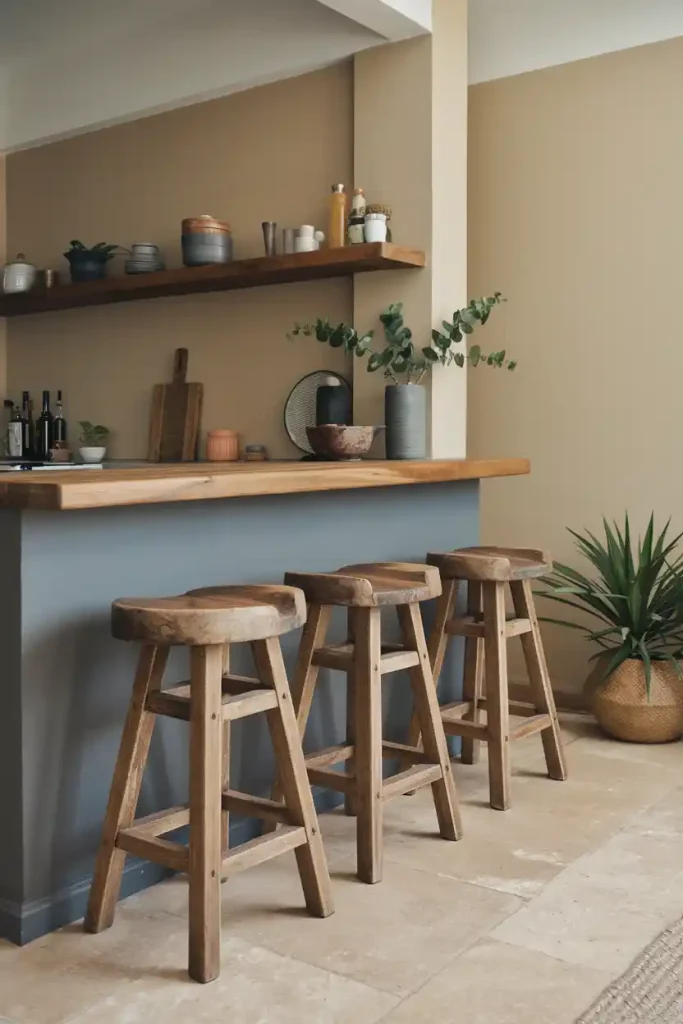 Rustic Bar Stools: A cozy kitchen with a grey island, adorned with rustic wooden bar stools that complement the modern aesthetic.