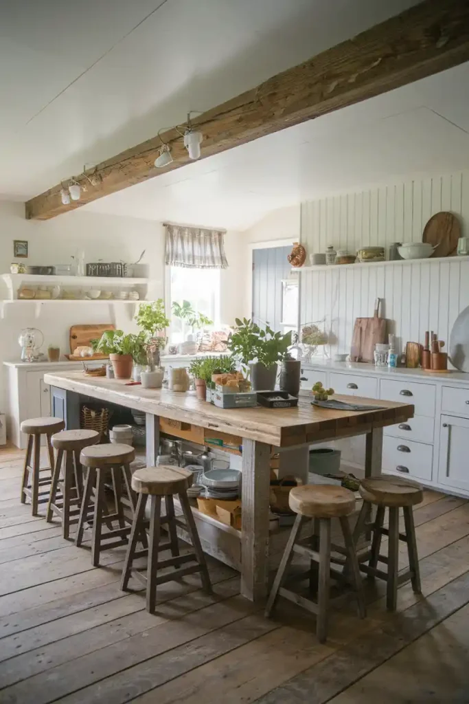 Rustic Farmhouse Style: Visualize a cozy farmhouse kitchen with a large reclaimed wood island and rustic wooden stools, adorned with decorative elements like potted herbs and vintage kitchenware.