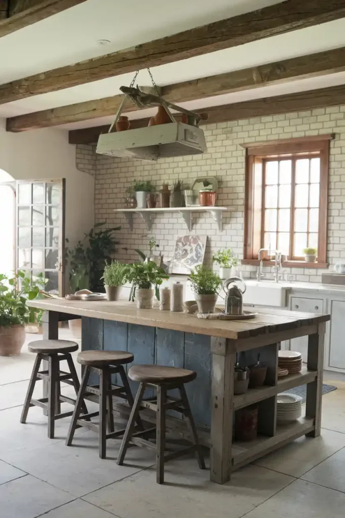 Rustic Farmhouse Style: Visualize a cozy farmhouse kitchen with a large reclaimed wood island and rustic wooden stools, adorned with decorative elements like potted herbs and vintage kitchenware.