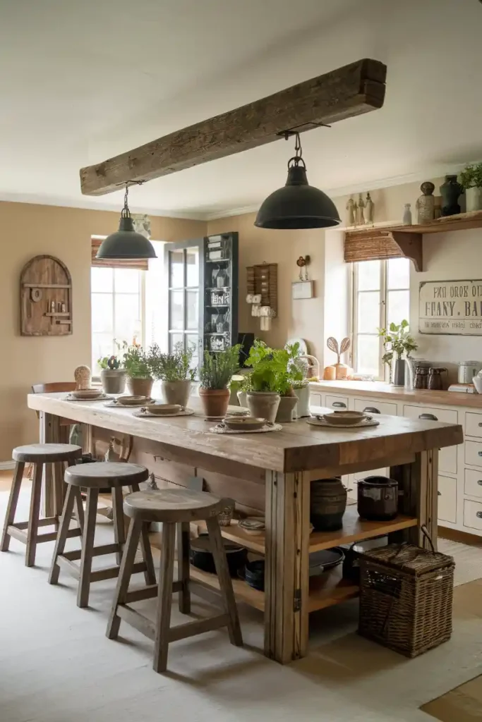 Rustic Farmhouse Style: Visualize a cozy farmhouse kitchen with a large reclaimed wood island and rustic wooden stools, adorned with decorative elements like potted herbs and vintage kitchenware.