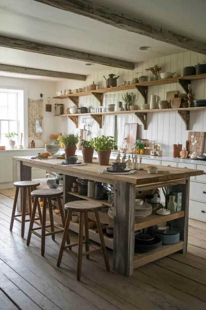 Rustic Farmhouse Style: Visualize a cozy farmhouse kitchen with a large reclaimed wood island and rustic wooden stools, adorned with decorative elements like potted herbs and vintage kitchenware.