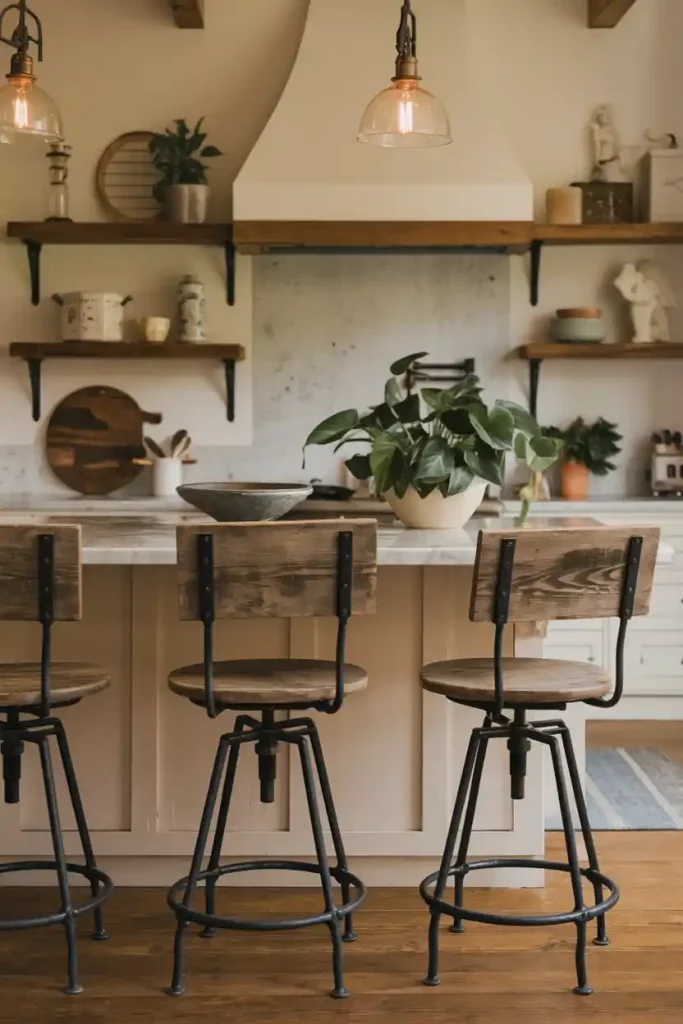 Rustic Swivel Back Stools: A cozy kitchen scene with rustic wooden swivel back stools around a farmhouse-style island, complete with warm lighting and decorative plants.