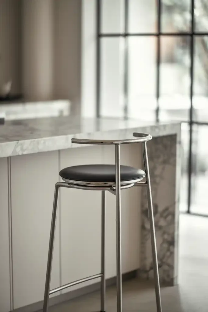 A sleek and simple bar stool with a minimalist design, placed in a modern kitchen. Emphasize elegance, neutral tones, and clean lines to convey a sophisticated atmosphere.