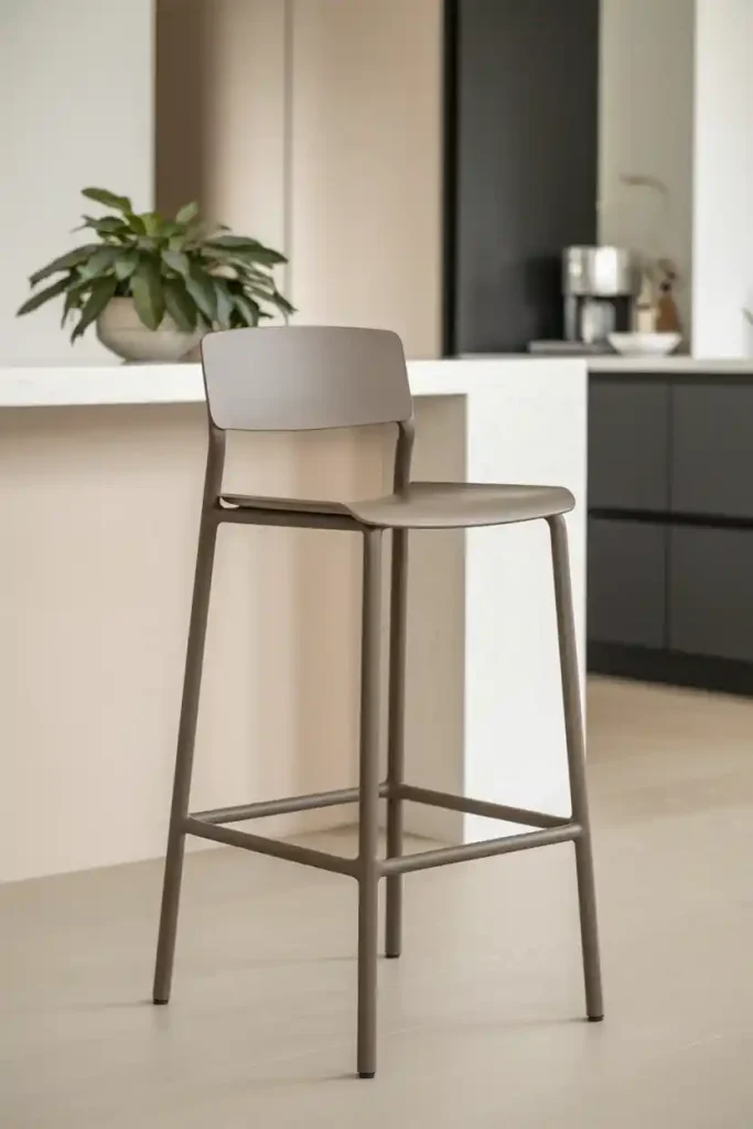 A sleek and simple bar stool with a minimalist design, placed in a modern kitchen. Emphasize elegance, neutral tones, and clean lines to convey a sophisticated atmosphere.