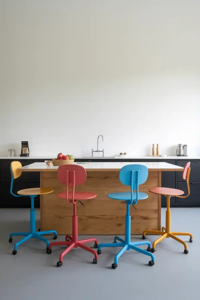 Minimalist Swivel Stools: A minimalist kitchen island adorned with simple yet elegant swivel back stools, focusing on clean lines and neutral colors for a sophisticated look.