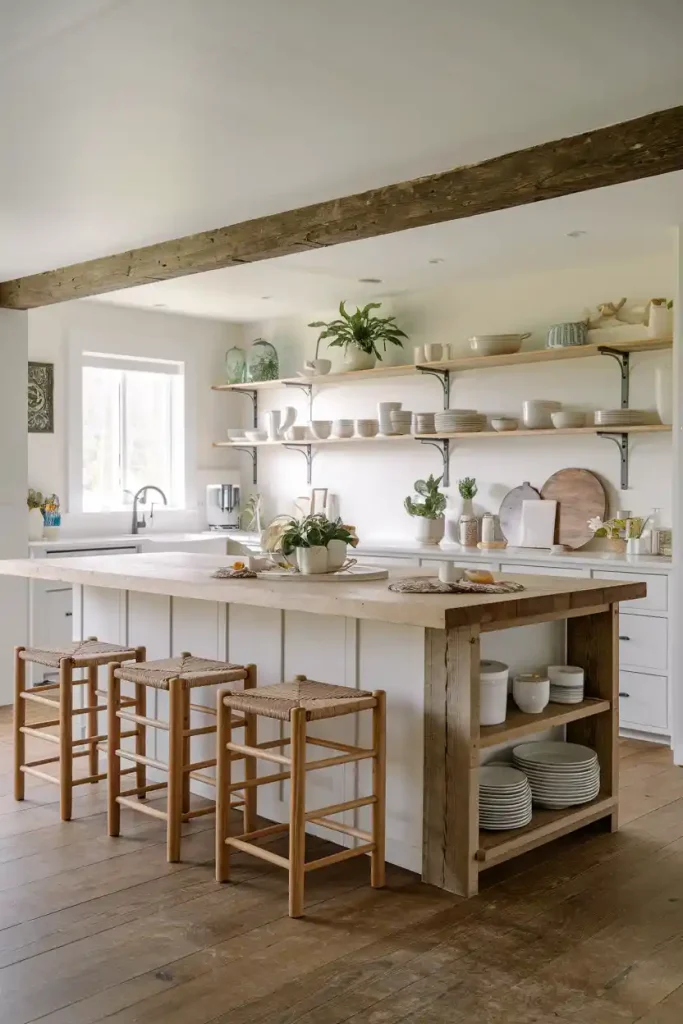 Stools in a Modern Rustic Kitchen: Create an image of a modern rustic kitchen featuring sleek farmhouse-style stools at the island. The kitchen should blend contemporary elements with rustic charm, showcasing open shelving filled with dishes and plants.