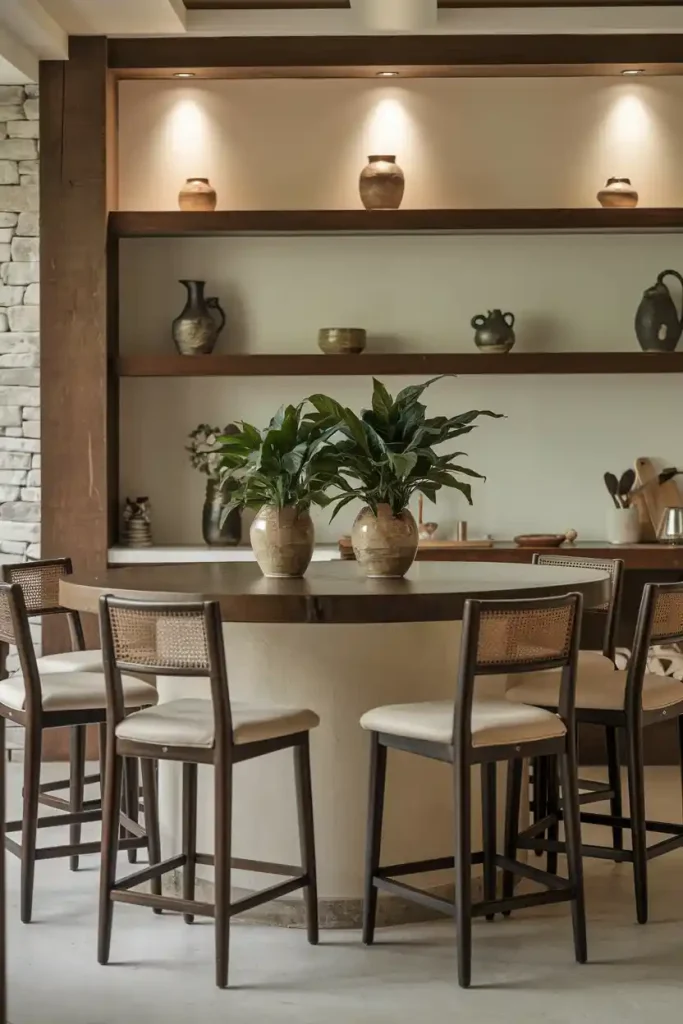 Cozy Dining Space: A warm and inviting dining area showcasing a round kitchen island surrounded by stylish Japandi stools. Include elements like greenery, soft lighting, and decorative ceramics to enhance the serene atmosphere.