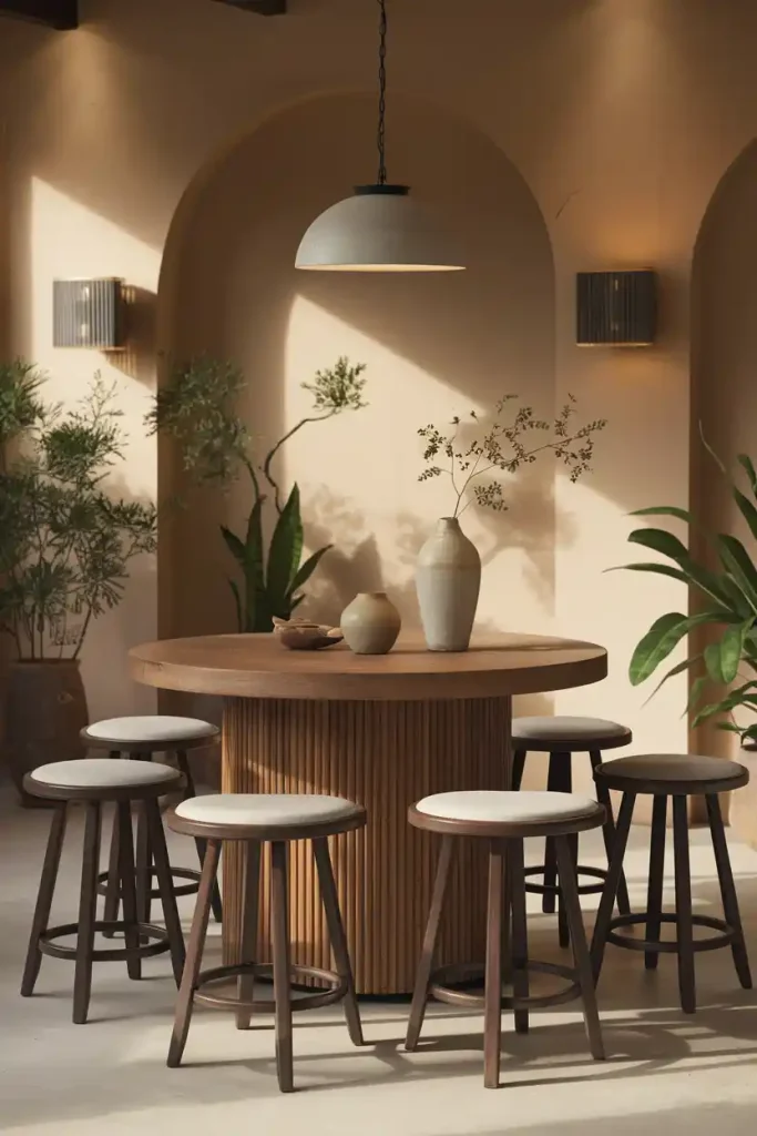 Cozy Dining Space: A warm and inviting dining area showcasing a round kitchen island surrounded by stylish Japandi stools. Include elements like greenery, soft lighting, and decorative ceramics to enhance the serene atmosphere.