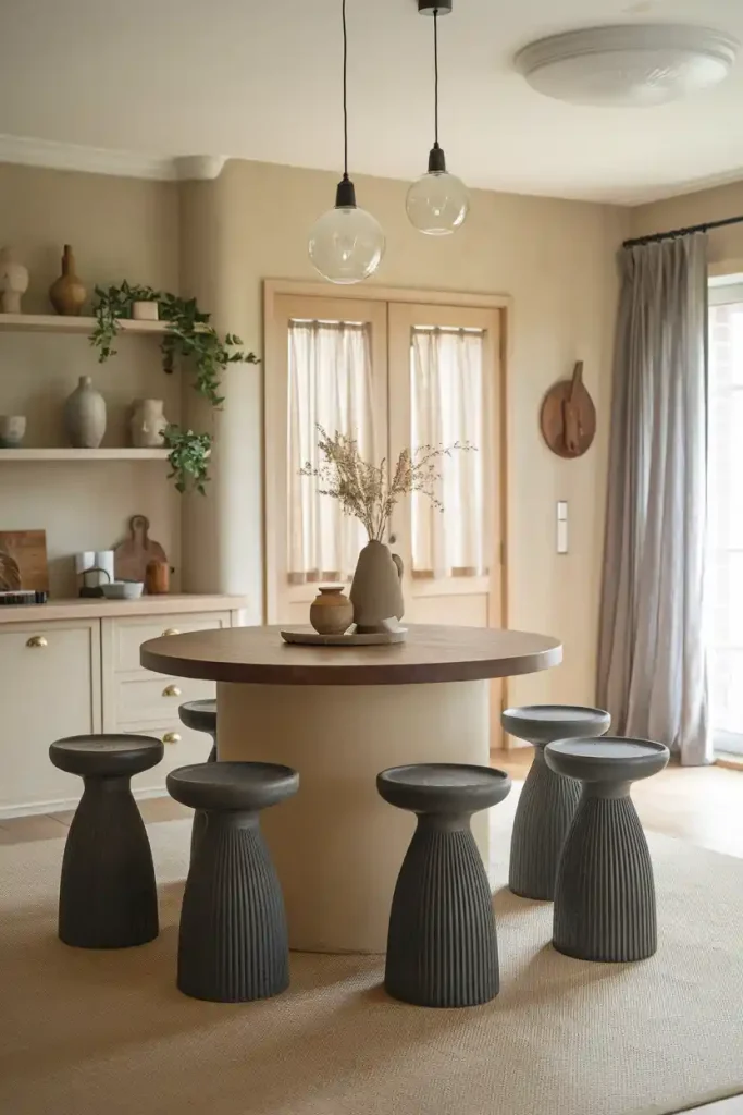 Cozy Dining Space: A warm and inviting dining area showcasing a round kitchen island surrounded by stylish Japandi stools. Include elements like greenery, soft lighting, and decorative ceramics to enhance the serene atmosphere.