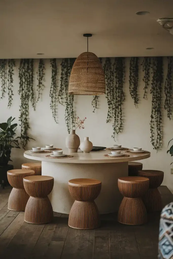 Cozy Dining Space: A warm and inviting dining area showcasing a round kitchen island surrounded by stylish Japandi stools. Include elements like greenery, soft lighting, and decorative ceramics to enhance the serene atmosphere.