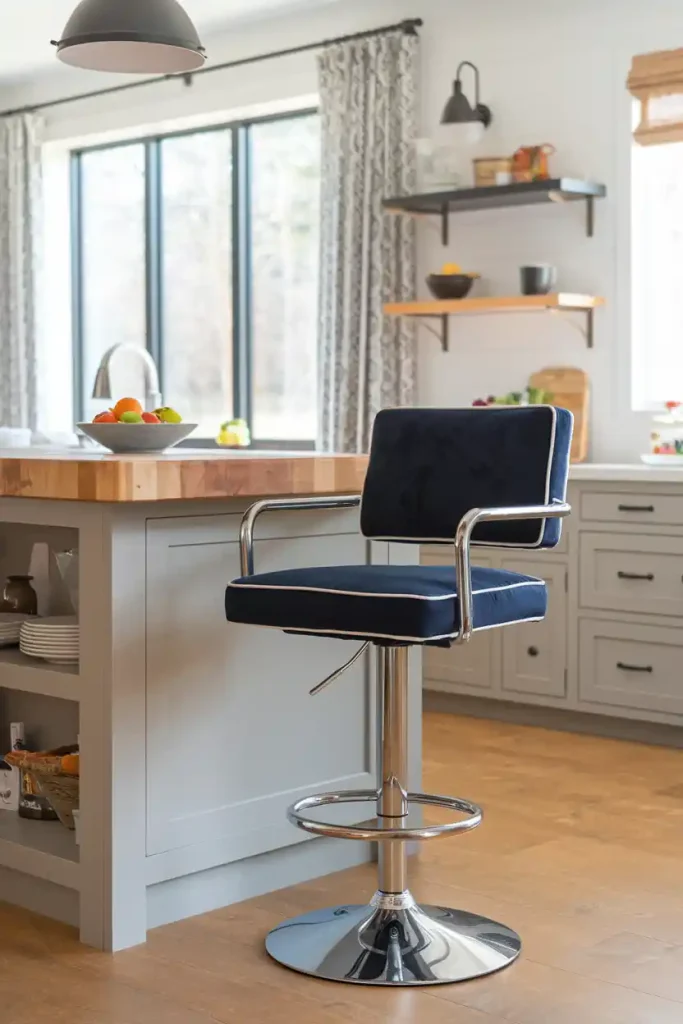 Swivel Bar Stool: Create an image of a stylish swivel 36-inch bar stool featuring a chrome base and a plush seat in navy blue, set at a modern kitchen island with pendant lighting above.