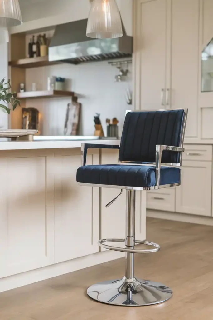 Swivel Bar Stool: Create an image of a stylish swivel 36-inch bar stool featuring a chrome base and a plush seat in navy blue, set at a modern kitchen island with pendant lighting above.