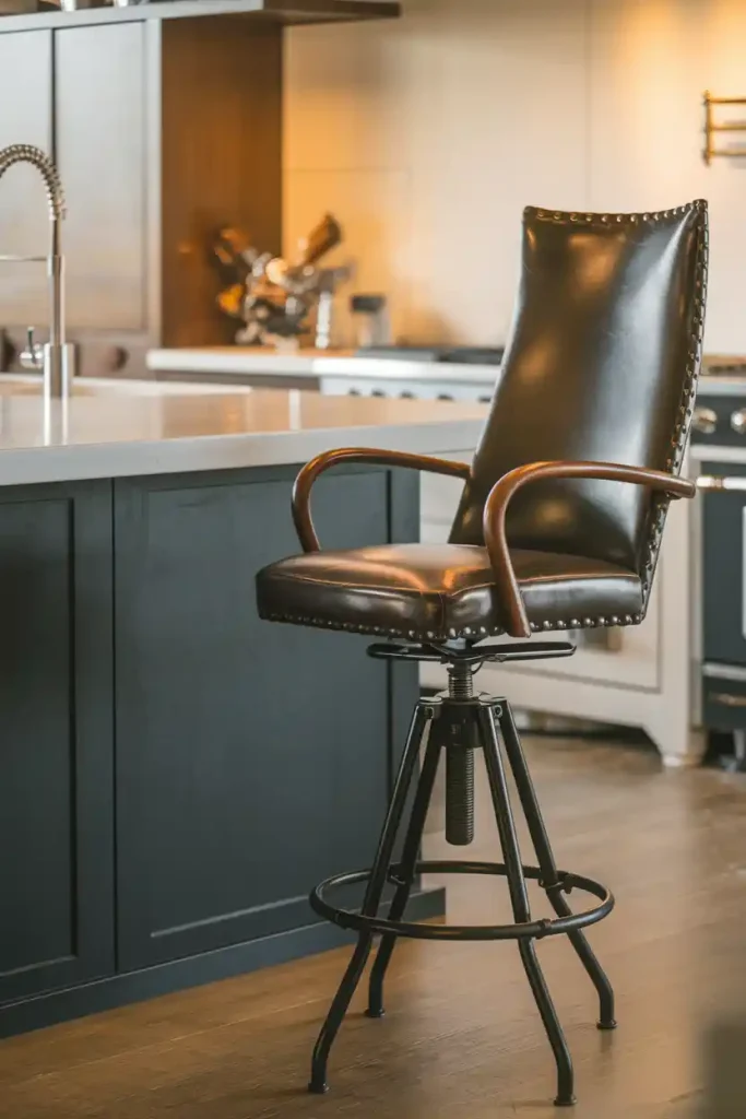 Swivel Bar Stool: Depict a stylish swivel bar stool with a high back and leather upholstery, situated at a contemporary kitchen island.